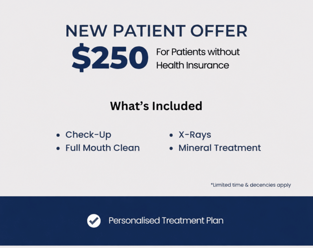New patient offer: 0 for patients without health insurance; includes check-up, full mouth clean, X-rays, mineral treatment; footer shows Personalised Treatment Plan.