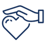 Blue outlined icon of a hand cupping a heart, symbolizing care and donation
